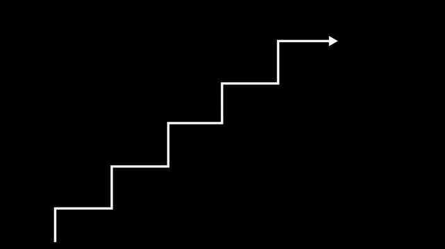 Animated white staircase growth chart arrow rising on black background, for business success, and progress concept