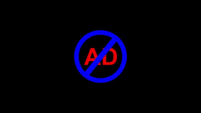 No ads symbol animation, adblock concept, digital marketing restriction sign, red text with blue circle
