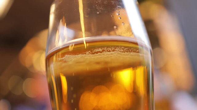 Close-up shot of refreshing beer with bubbles rising in a glass, background lights bokeh.