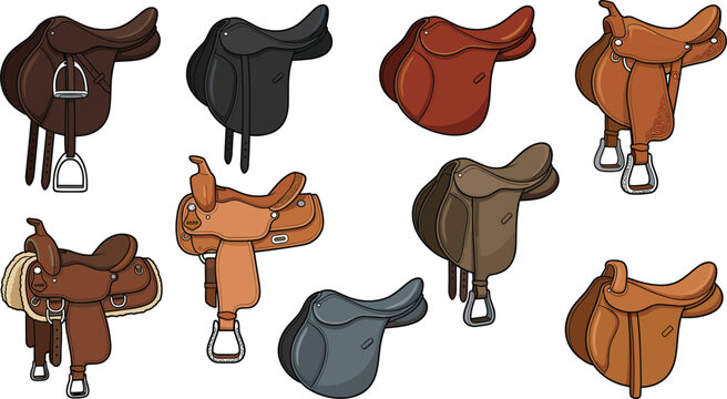 Leather horse saddle vector set including western and english equestrian riding tack equipment styles isolated on white background templates