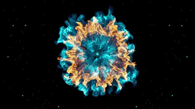 Abstract fiery shockwave burst with cyan and orange fire ring, explosive magical energy impact overlay, cinematic vfx power shockwave background