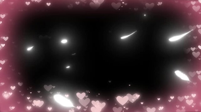 White petals drift across a dark background framed by pink hearts.