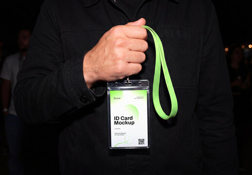 ID Card Mockup Held by Hand with Lanyard