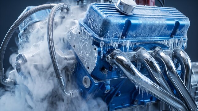 Blue performance engine block covered in thick white foam during a cleaning or industrial process with cleaning performance industrial mechanical