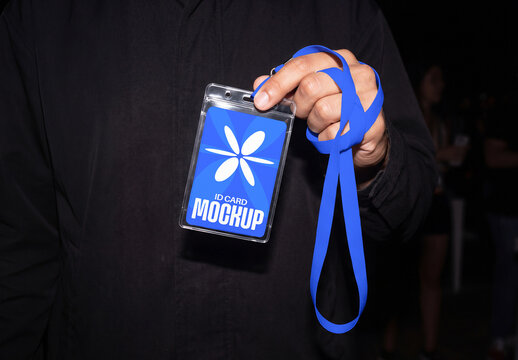 Handheld ID Card Mockup with Blue Lanyard
