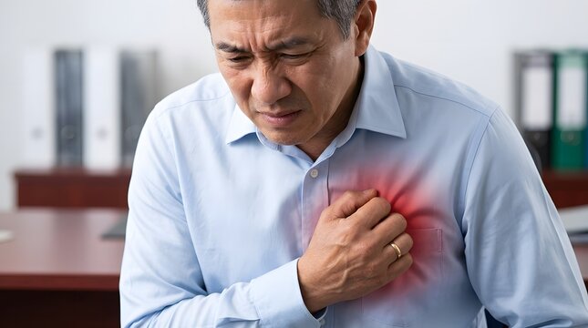 Asian man experiencing sudden chest pain and heart attack symptoms while working in office
