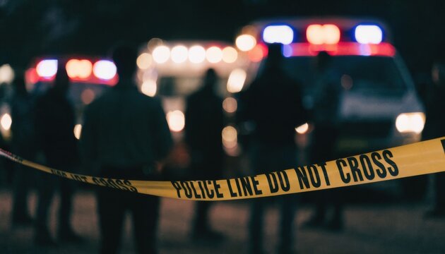 Yellow police tape with "police line do not cross" text in foreground, blurred emergency