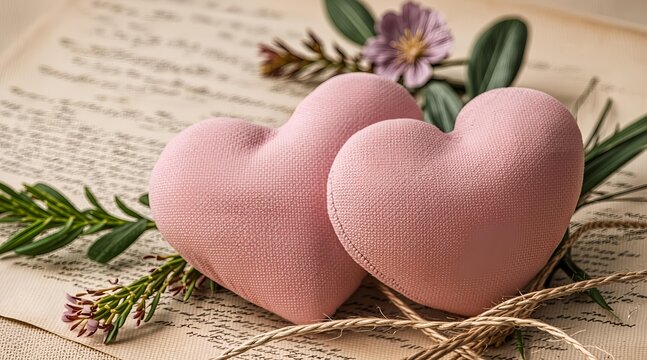Two soft pink fabric hearts resting on antique sheet music with romantic floral decorations and greenery, celebrating love and nostalgia