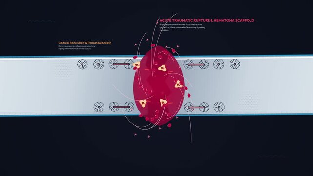 Medical animation of osteogenesis and bone fracture healing process showing hematoma scaffold, capillary sprouting, woven bone ossification, and lamellar consolidation phases