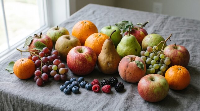 Authentic fresh fruits with natural variations and realistic textures arranged in a premium editorial food composition.