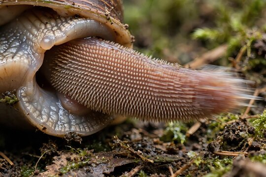 Extreme macro photography of a terrestrial snail extending its radula covered in tiny chitinous teeth over forest floor moss and soil