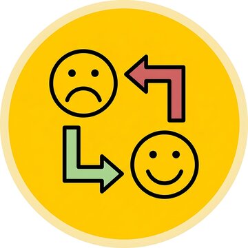 Concept of mood shift with smiling and frowning faces and directional arrows in yellow circle