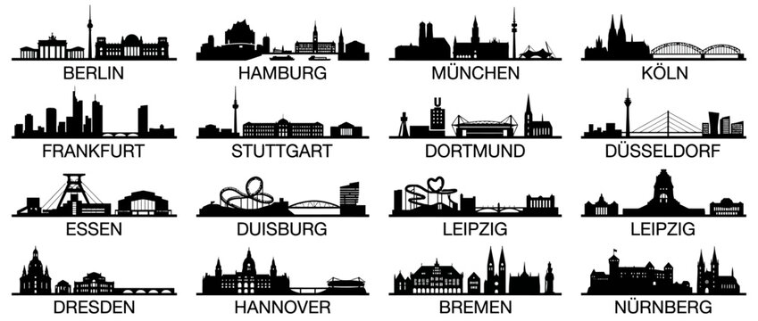 German city skylines set with famous landmarks and architectural silhouettes in black icons
