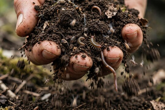 Caucasian farmer hands holding rich dark soil teeming with diverse macrofauna including Lumbricus terrestris and Chilopoda with falling dirt particles highlighting soil health and biodiversity
