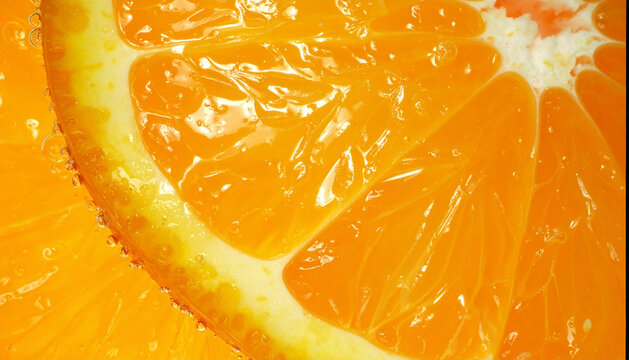 Warm sunlight falling across orange slice filled with glowing citrus juice vesicles