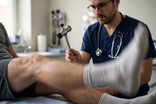 Caucasian male doctor in blue scrubs using a reflex hammer to test the knee jerk patellar reflex of an adult patient in a medical clinic with motion blur on the kicking leg
