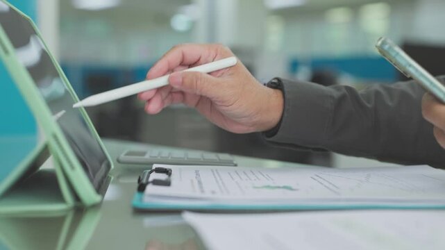 Accountant conducts financial analysis alongside budget planning, reviewing audit records, calculating costs, executing financial analysis strategic business planning.