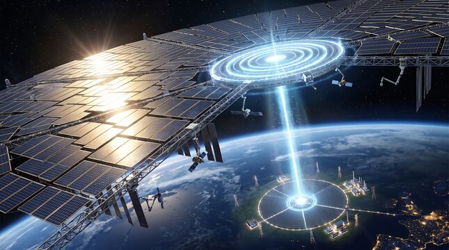Futuristic space station ring structure beaming energy to a planet surface with futuristic technology structure engineering advanced astronomy