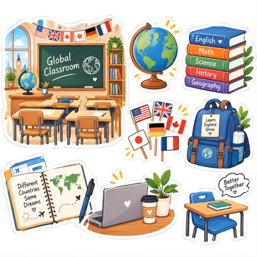 International Classroom and Global Education Sticker Set with Globe Books Flags and School Supplies Vector Illustration