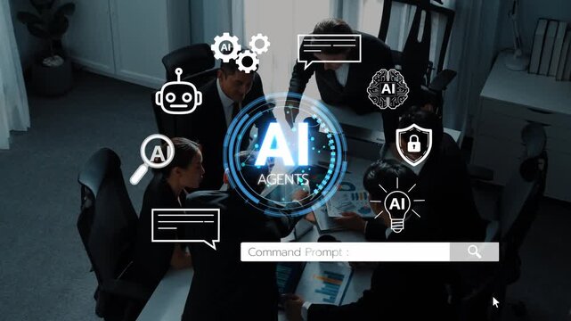 A group of professionals discussing artificial intelligence concepts with icons representing AI technology, collaboration, and innovation in a modern office setting. Entropy.