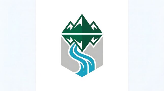 Geometric mountain and river logo icon in green and blue colors, representing nature, outdoor adventure, tourism, and environmental concepts