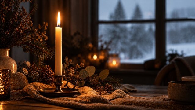 Tall taper candle burns on a rustic table beside a snowy window. New Year luxury background for home decor. Open copy space for text overlay.