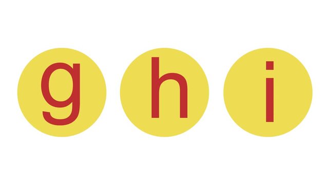 Animated alphabet letters g h i in yellow circles fading in, transparent background alpha channel, education learning motion graphic