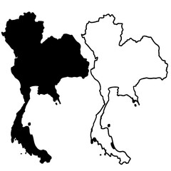 A minimalist black and white graphic map of Thailand featuring a simple classic line art style that highlights Bangkok and captures the essence of Asia. © ILovePhoto_TH