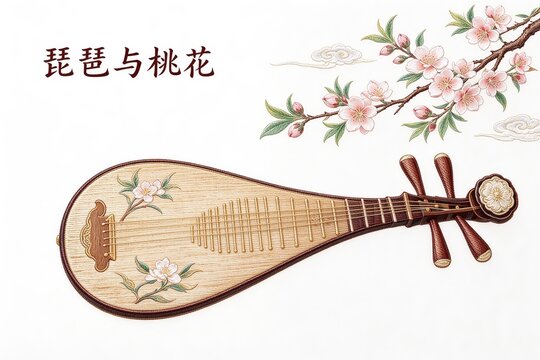 Embroidery Art Traditional Chinese Pipa With Floral Patterns Pink Peach Blossoms And White Clouds