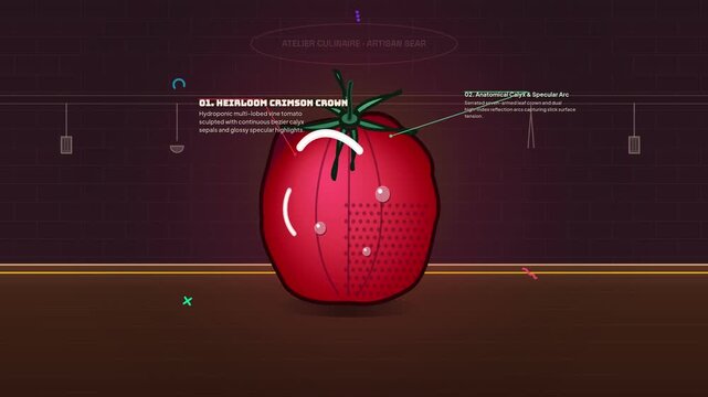 Stylized 2D motion graphics animation of a gourmet hamburger assembly featuring technical UI overlay labels, moving from tomato and cheese to a delivery box and a five star gastronomy seal