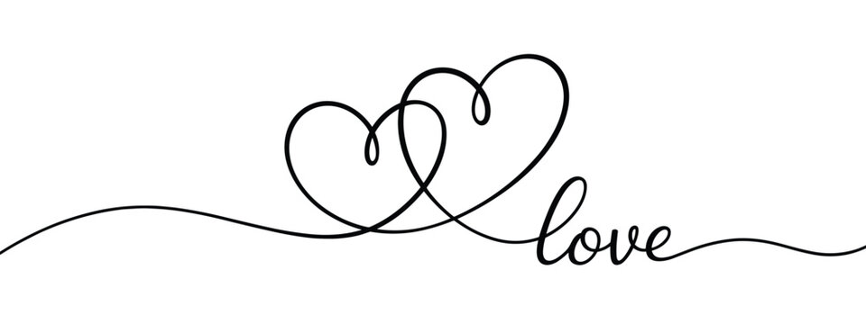 Continuous single line of two interlocking hearts and the word love, black ink on white background, line continuous line