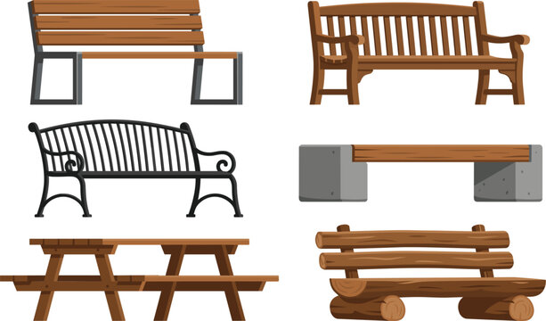 Wooden park bench and picnic table vector set featuring various street furniture designs rustic log seating isolated on white