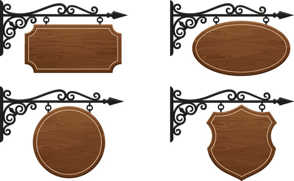 Vintage hanging wooden signboard vector icon set featuring blank boards on ornate wrought iron metal brackets isolated on white