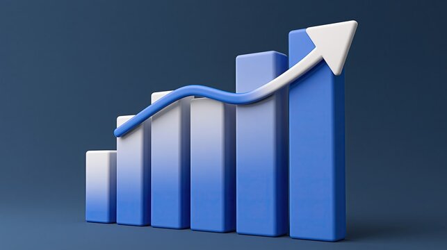 3D blue growing bar chart with upward curve arrow, business profit growth data visualization graph