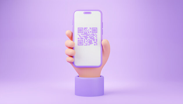 3d render of human hand holding smartphone displaying QR code against purple background.