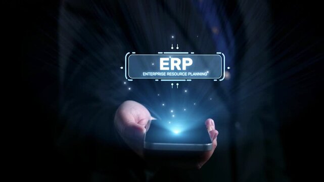 ERP platform visual showing centralized system for enterprise resource planning, improving integration, data flow, business efficiency, finance, inventory, and human resources. Elide