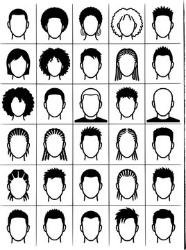 Minimalist hairstyle avatar vector icons, set of 30 diversity hair style portraits, black and white user profile outline graphics for UI design
