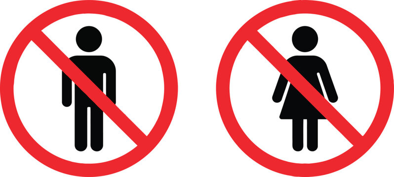 No man and no woman allowed red circle prohibition signs with black silhouettes of people