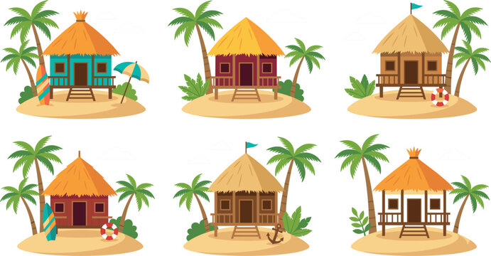 Tropical beach bungalow vector icon set featuring exotic straw hut resorts on small islands with green palm trees