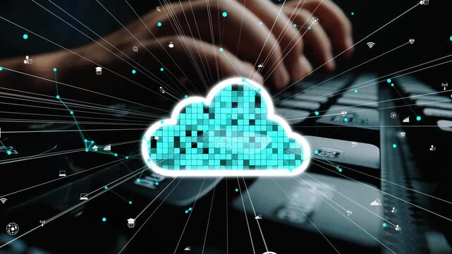 A dynamic illustration showing hands typing on a keyboard with a cloud computing symbol, representing modern technology, data transfer, and connectivity concepts. Xenic