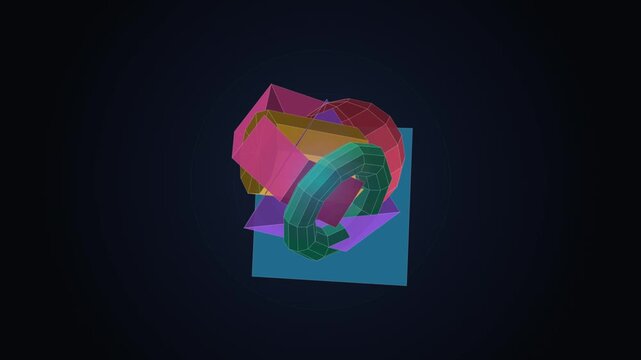 Abstract low poly geometric shapes rotating in dark 3d space with dynamic camera movement.