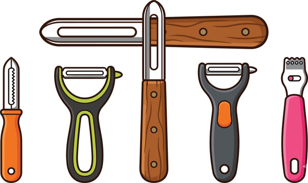 Vegetable peeler vector icon set featuring straight swivel y shaped skin skinning gadgets and lemon zester tool isolated on white