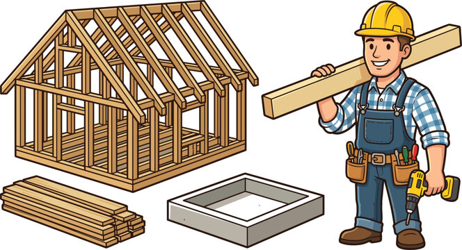 Carpenter builder cartoon character set with timber wood house frame structure construction site elements isolated on white background
