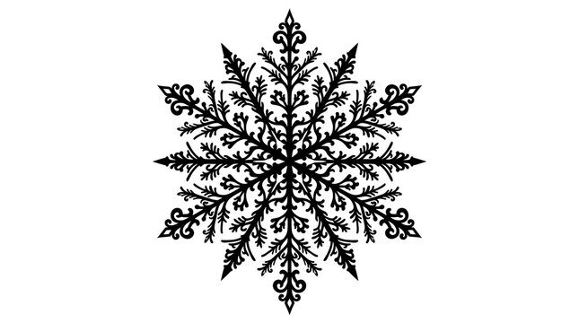 Black and white intricate snowflake silhouette isolated on white background