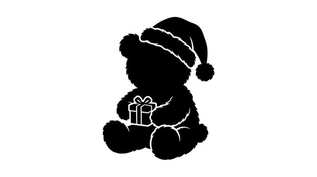 Black silhouette of a teddy bear wearing a santa hat and holding a gift
