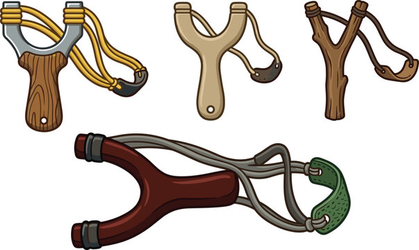 Slingshot weapon vector icon set featuring traditional wooden and modern hunting catapult tools isolated on white background
