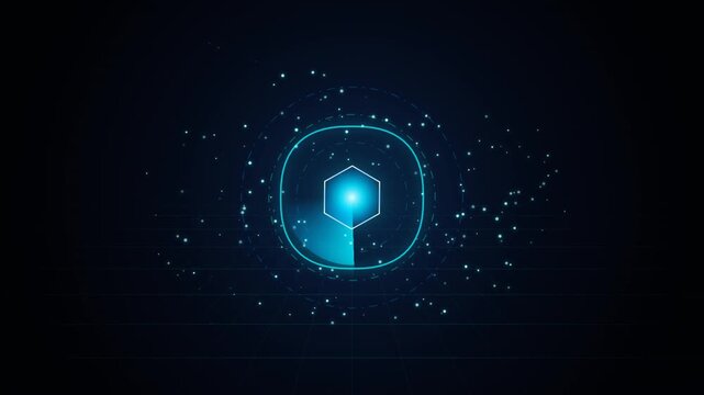 Futuristic radar scanning interface displays glowing hexagon over dark grid background loop.