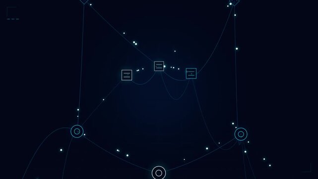 Futuristic digital network map with nodes and data flow lines in abstract space loop.