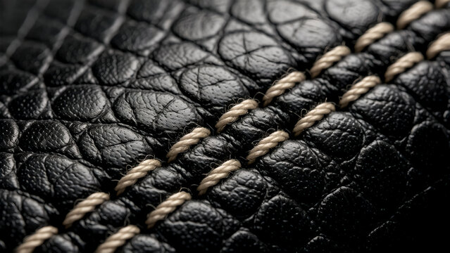 Close up shot of black crocodile leather texture with thick beige decorative stitching.