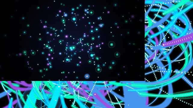 Abstract neon particles moving in space dynamic energy flow lines glowing digital overlay.